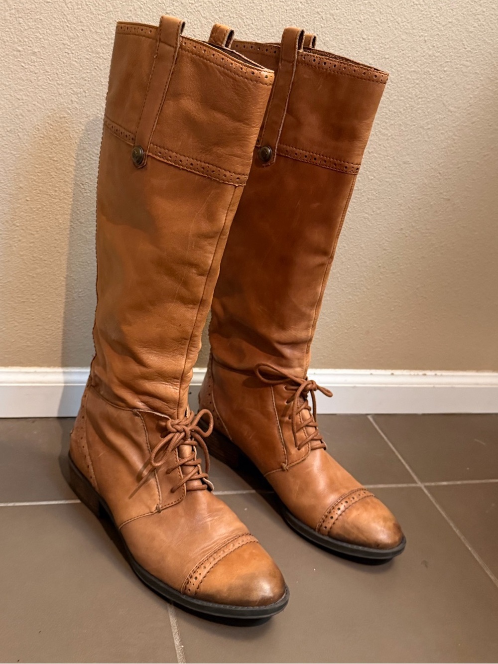SAM EDELMAN Perron Brown Leather Laces Cap Toe Zip Knee High Boots Womens 7.5